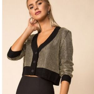 Revolve Superdown Loraine Metallic Cropped Cardigan Sweater Gold Black XS